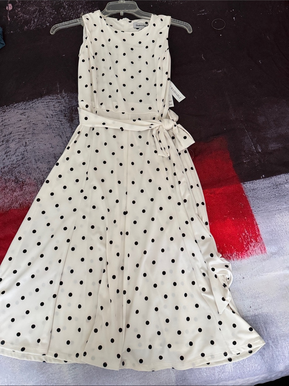 Shelby & Palmer Cream and Black Polka Dot Midi Dress with Waist Tie